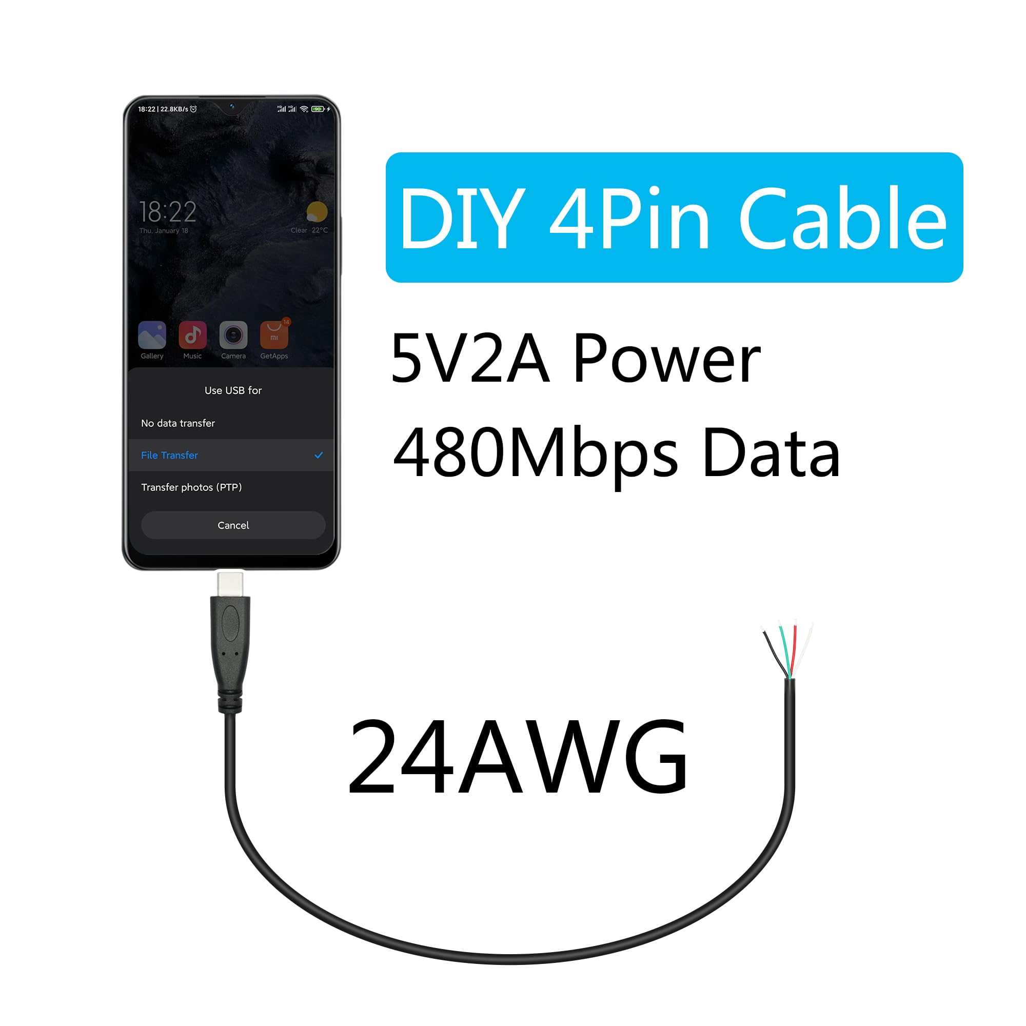 Amazon.co.jp: USB C - 4ピン裸線 オープンエンドワイヤー 11インチ 5V